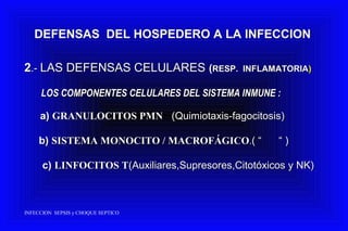 22.-.- LAS DEFENSAS CELULARESLAS DEFENSAS CELULARES ((RESP. INFLAMATORIARESP. INFLAMATORIA))
LOS COMPONENTES CELULARES DEL SISTEMA INMUNE :LOS COMPONENTES CELULARES DEL SISTEMA INMUNE :
a)a) GRANULOCITOS PMNGRANULOCITOS PMN (Quimiotaxis-fagocitosis)(Quimiotaxis-fagocitosis)
b)b) SISTEMA MONOCITO / MACROFÁGICOSISTEMA MONOCITO / MACROFÁGICO..( “ “ )( “ “ )
c)c) LINFOCITOS TLINFOCITOS T(Auxiliares,Supresores,Citotóxicos y NK)(Auxiliares,Supresores,Citotóxicos y NK)
DEFENSAS DEL HOSPEDERO A LA INFECCION
INFECCION SEPSIS y CHOQUE SEPTICO
 