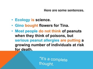Here are some sentences. 
• Ecology is science. 
• Gino bought flowers for Tina. 
• Most people do not think of peanuts 
when they think of poisons, but 
serious peanut allergies are putting a 
growing number of individuals at risk 
for death. 
 