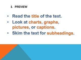 1 PREVIEW 
title 
charts graphs 
pictures captions 
subheadings 
 