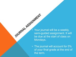 • Your journal will be a weekly, 
semi-guided assignment. It will 
be due at the start of class on 
Mondays. 
• The journal will account for 5% 
of your final grade at the end of 
the term. 
 