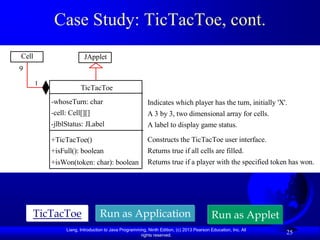 Case Study: TicTacToe, cont.
   Cell                     JApplet
   9
-char token              -char token
        1
+getToken                +getToken
                         TicTacToe
+setToken                +setToken
+paintComp    -whoseTurn: char
                         +paintComp                         Indicates which player has the turn, initially 'X'.
onet                     onet
+mouseClic    -cell: Cell[][]
                         +mouseClic                         A 3 by 3, two dimensional array for cells.
ked           -jlblStatus: JLabel
                         ked                                A label to display game status.

              +TicTacToe()                                  Constructs the TicTacToe user interface.
              +isFull(): boolean                            Returns true if all cells are filled.
              +isWon(token: char): boolean                  Returns true if a player with the specified token has won.




        TicTacToe                   Run as Application                                       Run as Applet
                   Liang, Introduction to Java Programming, Ninth Edition, (c) 2013 Pearson Education, Inc. All
                                                        rights reserved.
                                                                                                                  25
 