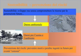 Sostenibilità ~ prevenzione dei rischi
Sustenibilità: sviluppo ma senza compromettere le risorse per le
generazioni future...
Prevenzione dei rischi: prevenire morti e perdite ingenti in futuro per
eventi “estremi”
Danno ambientale
Danni per l’uomo e
l’ambiente
 