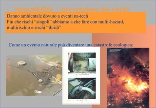 Danno ambientale dovuto a eventi na-tech
Più che rischi “singoli” abbiamo a che fare con multi-hazard,
multirischio e rischi “ibridi”
Come un evento naturale può diventare una catastrofe ecologica:
Sostenibilità ~ prevenzione dei rischi
 
