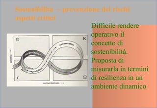 Difficile rendere
operativo il
concetto di
sostenibilità.
Proposta di
misurarla in termini
di resilienza in un
ambiente dinamico
Sostenibilità ~ prevenzione dei rischi
aspetti critici
 