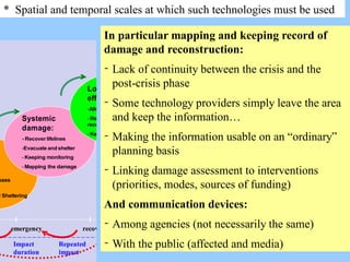 * Spatial and temporal scales at which such technologies must be used
time
emergency recovery recostruction
sses
d Sheltering
Systemic
damage:
- Recover lifelines
-Evacuate and shelter
- Keeping monitoring
- Mapping the damage
Long term
effects:
-Allocate funding
- Restauring and
reconstructing
- Keeping monitoring
Hazard time
scale
Impact
duration
Repeated
impact
In particular mapping and keeping record of
damage and reconstruction:
- Lack of continuity between the crisis and the
post-crisis phase
- Some technology providers simply leave the area
and keep the information…
- Making the information usable on an “ordinary”
planning basis
- Linking damage assessment to interventions
(priorities, modes, sources of funding)
And communication devices:
- Among agencies (not necessarily the same)
- With the public (affected and media)
 