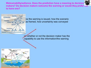Welcomability/salience. Does the prediction have a meaning to decision
makers? Do decision makers welcome the warning or would they prefer not
to have one?
how the warning is issued, how the scenario
was framed, how uncertainty was conveyed
It depends on
on whether or not the decision maker has the
capability to use the information/the warning
 