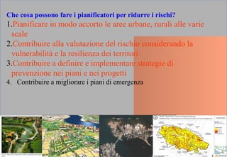 Che cosa possono fare i pianificatori per ridurre i rischi?
1.Pianificare in modo accorto le aree urbane, rurali alle varie
scale
2.Contribuire alla valutazione del rischio considerando la
vulnerabilità e la resilienza dei territori
3.Contribuire a definire e implementare strategie di
prevenzione nei piani e nei progetti
4. Contribuire a migliorare i piani di emergenza
 