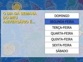 O DIA DA SEMANA DO MEU ANIVERSÁRIO É... SÁBADO SEXTA-FEIRA QUINTA-FEIRA QUARTA-FEIRA TERÇA-FEIRA SEGUNDA-FEIRA DOMINGO 