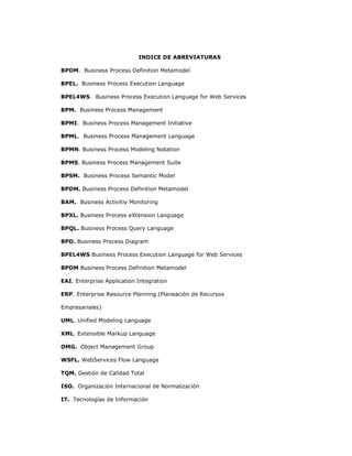 10
INDICE DE ABREVIATURAS
BPDM. Business Process Definition Metamodel
BPEL. Business Process Execution Language
BPEL4WS. Business Process Execution Language for Web Services
BPM. Business Process Management
BPMI. Business Process Management Initiative
BPML. Business Process Management Language
BPMN. Business Process Modeling Notation
BPMS. Business Process Management Suite
BPSM. Business Process Semantic Model
BPDM. Business Process Definition Metamodel
BAM. Business Activitiy Monitoring
BPXL. Business Process eXtension Language
BPQL. Business Process Query Language
BPD. Business Process Diagram
BPEL4WS Business Process Execution Language for Web Services
BPDM Business Process Definition Metamodel
EAI. Enterprise Application Integration
ERP. Enterprise Resource Planning (Planeación de Recursos
Empresariales)
UML. Unified Modeling Language
XML. Extensible Markup Language
OMG. Object Management Group
WSFL. WebServices Flow Language
TQM. Gestión de Calidad Total
ISO. Organización Internacional de Normalización
IT. Tecnologías de Información
 