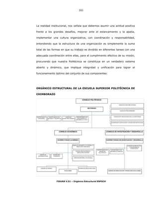 161
La realidad institucional, nos señala que debemos asumir una actitud positiva
frente a los grandes desafíos, mejorar ante el estancamiento y la apatía,
implementar una cultura organizativa, con coordinación y responsabilidad,
entendiendo que la estructura de una organización es simplemente la suma
total de las formas en que su trabajo es dividido en diferentes tareas con una
adecuada coordinación entre ellas, para el cumplimiento efectivo de su misión,
procurando que nuestra Politécnica se constituya en un verdadero sistema
abierto y dinámico, que implique integridad y unificación para lograr el
funcionamiento óptimo del conjunto de sus componentes:
ORGÁNICO ESTRUCTURAL DE LA ESCUELA SUPERIOR POLITÉCNICA DE
CHIMBORAZO
FIGURA V.51 – Orgánico Estructural ESPOCH
 