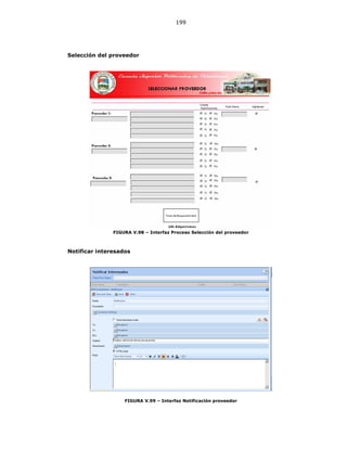 199
Selección del proveedor
FIGURA V.98 – Interfaz Proceso Selección del proveedor
Notificar interesados
FIGURA V.99 – Interfaz Notificación proveedor
 