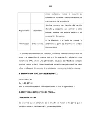210
deseo cualquiera; implica al conjunto de
trámites que se llevan a cabo para resolver un
asunto o concretar un proyecto
Mejoramiento Dependiente
Significa cambiarlo para hacerlo más efectivo,
eficiente y adaptable, qué cambiar y cómo
cambiar depende del enfoque especifico del
empresario y del proceso
Optimización Independiente
Es la búsqueda y el hecho de mejorar el
rendimiento a partir de determinados cambios
lógicos o físicos.
Los procesos empresariales son complejos, dinámicos están relacionados unos con
otros y se desarrollan de manera interna a la organización; adaptarlos a una
herramienta BPM permitirá una optimización a través de los indicadores esenciales
que son tiempo y costo, consecuentemente requerirán ser gestionados de forma
eficaz en búsqueda del aumento de productividad y mejoramiento de los mismos.
2.-SELECCIONAR NIVELES DE SIGNIFICANCIA:
1.α=0.05=5/100
2.α=0.05=20/100
Para la demostración hemos considerado utilizar el nivel de significancia 2.
3.-IDENTIFICAR ESTADISTICO DE PRUEBA:
Distribución t: n≤30
Se considera cuando el tamaño de la muestra es menor a 30, por lo que es
necesario utilizar la formula correcta que es la siguiente.
 