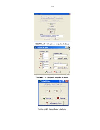 223
FIGURA V.125 - Selección de conjuntos de datos
FIGURA V.126 - Ingresar conjuntos de datos
FIGURA V.127 - Selección del estadístico
 