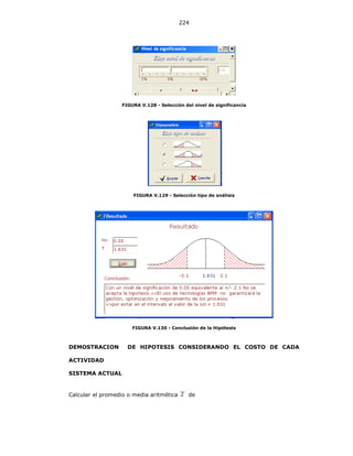 224
FIGURA V.128 - Selección del nivel de significancia
FIGURA V.129 - Selección tipo de análisis
FIGURA V.130 - Conclusión de la Hipótesis
DEMOSTRACION DE HIPOTESIS CONSIDERANDO EL COSTO DE CADA
ACTIVIDAD
SISTEMA ACTUAL
Calcular el promedio o media aritmética de
 