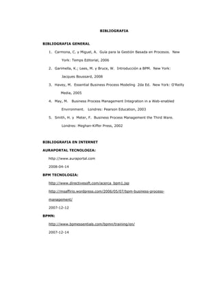 240
BIBLIOGRAFIA
BIBLIOGRAFIA GENERAL
1. Carmona, C. y Miguel, A. Guía para la Gestión Basada en Procesos. New
York: Temps Editorial, 2006
2. Garimella, K.; Lees, M. y Bruce, W. Introducción a BPM. New York:
Jacques Boussard, 2008
3. Havey, M. Essential Business Process Modeling 2da Ed. New York: O'Reilly
Media, 2005
4. May, M. Business Process Management Integration in a Web-enabled
Environment. Londres: Pearson Education, 2003
5. Smith, H. y Meter, F. Business Process Management the Third Ware.
Londres: Meghan-Kiffer Press, 2002
BIBLIOGRAFIA EN INTERNET
AURAPORTAL TECNOLOGIA:
http://www.auraportal.com
2008-04-14
BPM TECNOLOGIA:
http://www.directivesoft.com/acerca_bpm1.jsp
http://msaffirio.wordpress.com/2006/05/07/bpm-business-process-
management/
2007-12-12
BPMN:
http://www.bpmessentials.com/bpmn/training/en/
2007-12-14
 