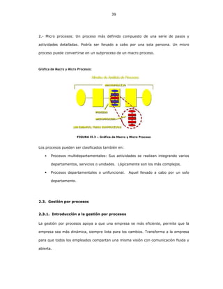 39
2.- Micro procesos: Un proceso más definido compuesto de una serie de pasos y
actividades detalladas. Podría ser llevado a cabo por una sola persona. Un micro
proceso puede convertirse en un subproceso de un macro proceso.
Gráfica de Macro y Micro Procesos:
FIGURA II.3 – Gráfica de Macro y Micro Proceso
Los procesos pueden ser clasificados también en:
• Procesos multidepartamentales: Sus actividades se realizan integrando varios
departamentos, servicios o unidades. Lógicamente son los más complejos.
• Procesos departamentales o unifuncional. Aquel llevado a cabo por un solo
departamento.
2.3. Gestión por procesos
2.3.1. Introducción a la gestión por procesos
La gestión por procesos apoya a que una empresa se más eficiente, permite que la
empresa sea más dinámica, siempre lista para los cambios. Transforma a la empresa
para que todos los empleados compartan una misma visión con comunicación fluida y
abierta.
 