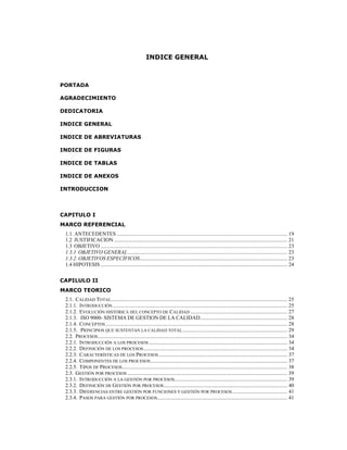 7
INDICE GENERAL
PORTADA
AGRADECIMIENTO
DEDICATORIA
INDICE GENERAL
INDICE DE ABREVIATURAS
INDICE DE FIGURAS
INDICE DE TABLAS
INDICE DE ANEXOS
INTRODUCCION
CAPITULO I
MARCO REFERENCIAL
1.1. ANTECEDENTES ............................................................................................................................... 19
1.2 JUSTIFICACION ................................................................................................................................. 21
1.3 OBJETIVO ........................................................................................................................................... 23
1.3.1 OBJETIVO GENERAL....................................................................................................................... 23
1.3.2. OBJETIVOS ESPECÍFICOS.............................................................................................................. 23
1.4 HIPOTESIS ........................................................................................................................................... 24
CAPILULO II
MARCO TEORICO
2.1. CALIDAD TOTAL................................................................................................................................... 25
2.1.1. INTRODUCCIÓN.................................................................................................................................. 25
2.1.2. EVOLUCIÓN HISTÓRICA DEL CONCEPTO DE CALIDAD ........................................................................ 27
2.1.3. ISO 9000- SISTEMA DE GESTION DE LA CALIDAD................................................................. 28
2.1.4. CONCEPTOS ....................................................................................................................................... 28
2.1.5. PRINCIPIOS QUE SUSTENTAN LA CALIDAD TOTAL.............................................................................. 29
2.2. PROCESOS............................................................................................................................................. 34
2.2.1. INTRODUCCIÓN A LOS PROCESOS ....................................................................................................... 34
2.2.2. DEFINICIÓN DE LOS PROCESOS........................................................................................................... 34
2.2.3. CARACTERÍSTICAS DE LOS PROCESOS................................................................................................ 37
2.2.4. COMPONENTES DE LOS PROCESOS...................................................................................................... 37
2.2.5. TIPOS DE PROCESOS........................................................................................................................... 38
2.3. GESTIÓN POR PROCESOS ....................................................................................................................... 39
2.3.1. INTRODUCCIÓN A LA GESTIÓN POR PROCESOS.................................................................................... 39
2.3.2. DEFINICIÓN DE GESTIÓN POR PROCESOS............................................................................................ 40
2.3.3. DIFERENCIAS ENTRE GESTIÓN POR FUNCIONES Y GESTIÓN POR PROCESOS......................................... 41
2.3.4. PASOS PARA GESTIÓN POR PROCESOS................................................................................................. 41
 