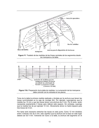 Figura 11. Traslado de las medidas de las líneas centrales de los segmentos desde
                             los mamparos a la tabla.




  Figura 11A. Preparación de la tabla de medidas. La numeración de los mamparos
                   debe coincidir con la indicada en los planos.


Tome de la tabla la primera medida realizada y divídala por la anchura que tienen las
tracas suministradas en la caja de montaje (kit). Por ejemplo, supongamos que la
medida fue 15 mm y que las tracas tienen una anchura de 5 mm. Por lo tanto, serán
necesarias exactamente 3 tracas para rellenar este espacio. Sin embargo, suponga
que la medida fue de por ejemplo 12 mm. Obviamente ahora no habrá espacio para
tres tracas de 5 mm.

Por tanto será necesario estrechar las tracas en este punto. Como 12 mm divididos
entre 3 (tracas) nos da 4 mm, esto significa que la anchura de la traca en este lugar
deberá ser de 4 mm. Volviendo de nuevo a la tabla, la anchura del segmento en el


                                         13
 