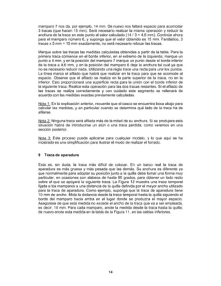 mamparo 7 nos da, por ejemplo, 14 mm. De nuevo nos faltará espacio para acomodar
3 tracas (que hacen 15 mm). Será necesario realizar la misma operación y reducir la
anchura de la traca en este punto al valor calculado (14 / 3 = 4,6 mm). Continúe ahora
para el mamparo número 6, y suponga que el valor obtenido es 15 mm. Fantástico, 3
tracas x 5 mm = 15 mm exactamente, no será necesario retocar las tracas.

Marque sobre las tracas las medidas calculadas obtenidas a partir de la tabla. Para la
primera traca comience en el borde inferior, en el extremo de la izquierda, marque un
punto a 4 mm, y en la posición del mamparo 7 marque un punto desde el borde inferior
de la traca a 4,6 mm, y en la posición del mamparo 6 deje la anchura tal cual ya que
no es necesario reducir nada. Utilizando una regla trace una recta para unir los puntos.
La línea marca el afilado que habrá que realizar en la traca para que se acomode al
espacio. Observe que el afilado se realiza en la parte superior de la traca, no en la
inferior. Esto proporcionará una superficie recta para la unión con el borde inferior de
la siguiente traca. Realice esta operación para las dos tracas restantes. Si el afilado de
las tracas se realiza correctamente y con cuidado este segmento se rellenará de
acuerdo con las medidas exactas previamente calculadas.

Nota 1: En la explicación anterior, recuerde que el casco se encuentra boca abajo para
calcular las medidas, y en particular cuando se determina qué lado de la traca ha de
afilarse.

Nota 2: Ninguna traca será afilada más de la mitad de su anchura. Si se produjera esta
situación habrá de introducirse un atún o una traca perdida, como veremos en una
sección posterior.

Nota 3: Este proceso puede aplicarse para cualquier modelo, y lo que aquí se ha
mostrado es una simplificación para ilustrar el modo de realizar el forrado.


9   Traca de aparadura

Esta es, sin duda, la traca más difícil de colocar. En un barco real la traca de
aparadura es más gruesa y más pesada que las demás. Su anchura es diferente ya
que normalmente para adoptar su posición junto a la quilla debe tomar una forma muy
particular, en ocasiones con alabeos de hasta 90 grados, para obtener un lado recto
sobre el que se apoyará la siguiente traca. La Figura 12 muestra una traca temporal
fijada a los mamparos a una distancia de la quilla definida por el mayor ancho utilizado
para la traca de aparadura. Como ejemplo, suponga que la traca de aparadura tiene
10 mm de ancho. Mida la distancia desde la traca temporal hasta la quilla siguiendo el
borde del mamparo hacia arriba en el lugar donde se produzca el mayor espacio.
Asegúrese de que esta medida no excede el ancho de la traca que va a ser empleada,
es decir, 10 mm. Para cada mamparo, anote la medida desde la traca hasta la quilla;
de nuevo anote esta medida en la tabla de la Figura 11, en las celdas inferiores.




                                           14
 