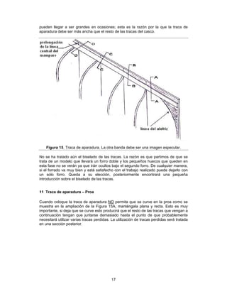pueden llegar a ser grandes en ocasiones; esta es la razón por la que la traca de
aparadura debe ser más ancha que el resto de las tracas del casco.




    Figura 15. Traca de aparadura. La otra banda debe ser una imagen especular.

No se ha tratado aún el biselado de las tracas. La razón es que partimos de que se
trata de un modelo que llevará un forro doble y los pequeños huecos que queden en
esta fase no se verán ya que irán ocultos bajo el segundo forro. De cualquier manera,
si el forrado va muy bien y está satisfecho con el trabajo realizado puede dejarlo con
un solo forro. Queda a su elección, posteriormente encontrará una pequeña
introducción sobre el biselado de las tracas.


11 Traca de aparadura – Proa

Cuando coloque la traca de aparadura NO permita que se curve en la proa como se
muestra en la ampliación de la Figura 15A, manténgala plana y recta. Esto es muy
importante, si deja que se curve esto producirá que el resto de las tracas que vengan a
continuación tengan que juntarse demasiado hasta el punto de que probablemente
necesitará utilizar varias tracas perdidas. La utilización de tracas perdidas será tratada
en una sección posterior.




                                           17
 