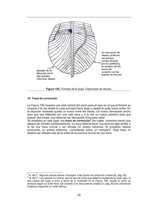 Figura 15C. Forrado de la popa. Colocación de atunes.


14 Traca de corrección

La Figura 15D muestra una vista central del casco para el caso en el que el forrado se
empezó a la vez desde la cinta principal hacia abajo y desde la quilla hacia arriba. En
la situación mostrada queda un hueco entre las tracas. Un hueco demasiado ancho
para que sea rellenado por una sola traca y a la vez un hueco estrecho para que
quepan dos tracas, que deberían ser demasiado finas para caber.
Se empleará en este lugar una traca de corrección5 (en inglés, correction plank) que
deberá ser afinada cuidadosamente. La traca debería tener una anchura algo similar a
la de una traca normal y ser afinada en ambos extremos. El empalme deberá
producirse, en ambos extremos, coincidiendo sobre un mamparo6. Esta traca no
debería ser afinada más de la mitad de la anchura normal de una traca.




5
 N. del T.: Algunos autores llaman ‘escarpes’ a las tracas de corrección (véase [4], pág. 82).
6
 N. del T.: Los autores no indican aquí el tipo de unión que debería emplearse en este caso, lo
que podría dar lugar a error a tenor de lo mostrado en la Figura 15D, donde la unión se
produce según un corte recto. De acuerdo con otros autores (véase [1], pág. 82) las uniones se
producen siguiendo un corte oblicuo.


                                              20
 