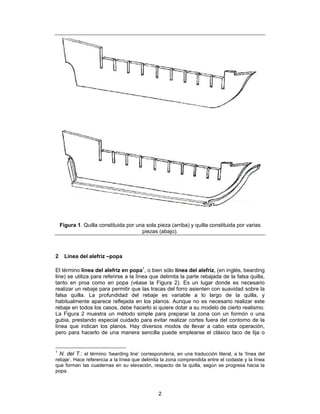 Figura 1. Quilla constituida por una sola pieza (arriba) y quilla constituida por varias
                                       piezas (abajo).



2     Línea del alefriz –popa

El término línea del alefriz en popa1, o bien sólo línea del alefriz, (en inglés, bearding
line) se utiliza para referirse a la línea que delimita la parte rebajada de la falsa quilla,
tanto en proa como en popa (véase la Figura 2). Es un lugar donde es necesario
realizar un rebaje para permitir que las tracas del forro asienten con suavidad sobre la
falsa quilla. La profundidad del rebaje es variable a lo largo de la quilla, y
habitualmente aparece reflejada en los planos. Aunque no es necesario realizar este
rebaje en todos los casos, debe hacerlo si quiere dotar a su modelo de cierto realismo.
La Figura 2 muestra un método simple para preparar la zona con un formón o una
gubia, prestando especial cuidado para evitar realizar cortes fuera del contorno de la
línea que indican los planos. Hay diversos modos de llevar a cabo esta operación,
pero para hacerlo de una manera sencilla puede emplearse el clásico taco de lija o


1
  N. del T.: el término ‘bearding line’ correspondería, en una traducción literal, a la ‘línea del
rebaje’. Hace referencia a la línea que delimita la zona comprendida entre el codaste y la línea
que forman las cuadernas en su elevación, respecto de la quilla, según se progresa hacia la
popa.



                                                2
 