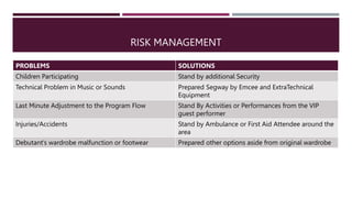 RISK MANAGEMENT
PROBLEMS SOLUTIONS
Children Participating Stand by additional Security
Technical Problem in Music or Sounds Prepared Segway by Emcee and ExtraTechnical
Equipment
Last Minute Adjustment to the Program Flow Stand By Activities or Performances from the VIP
guest performer
Injuries/Accidents Stand by Ambulance or First Aid Attendee around the
area
Debutant’s wardrobe malfunction or footwear Prepared other options aside from original wardrobe
 