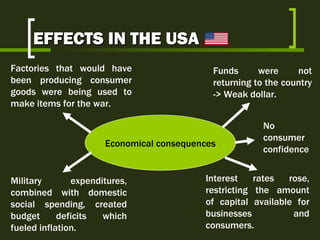 Economical consequences Factories that would have been producing consumer goods were being used to make items for the war. EFFECTS IN THE USA Military expenditures, combined with domestic social spending, created budget deficits which fueled inflation. Interest rates rose, restricting the amount of capital available for businesses and consumers. Funds were not returning to the country -> Weak dollar. No consumer confidence 