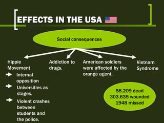 Social consequences Hippie Movement Internal opposition Violent crashes between students and the police. Addiction to drugs. American soldiers were affected by the orange agent.  Vietnam  Syndrome 58.209 dead 303.635 wounded 1948 missed EFFECTS IN THE USA Universities as stages. 