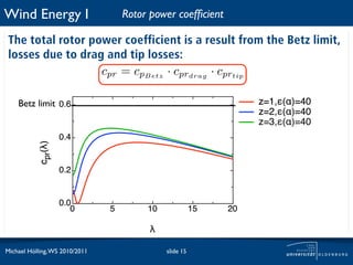 Wind Energy I                       Rotor power coefﬁcient

 The total rotor power coefficient is a result from the Betz limit,
 losses due to drag and tip losses:
                   cpr = cpBetz · cprdrag · cprtip

    Betz limit 0.6                                                 z=1,"(#)=40
                                                                   z=2,"(#)=40
                                                                   z=3,"(#)=40
                     0.4
            cpr(!)




                     0.2


                     0.0
                        0       5        10              15   20

                                          !

Michael Hölling, WS 2010/2011                 slide 15
 
