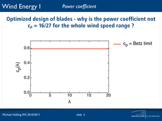 Wind Energy I                       Power coefﬁcient

   Optimized design of blades - why is the power coefficient not
           cp = 16/27 for the whole wind speed range ?


                                                               cp = Betz limit
                 0.6


                 0.4
         cp(!)




                 0.2


                 0.0
                    0           5     10             15   20
                                      !

Michael Hölling, WS 2010/2011              slide 3
 