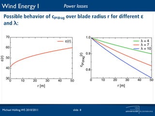 Wind Energy I                                   Power losses

   Possible behavior of cprdrag over blade radius r for different ε
   and λ:

       70                                                                 1.0
                                                 !(r)                                                   !=4
                                                                                                        !=7
       60                                                                                               ! = 10
                                                                          0.9




                                                             cprdrag(r)
!(r)




       50


       40                                                                 0.8

       30                                                                   0   10   20           30   40    50
         0      10        20           30   40      50
                               r [m]                                                      r [m]




  Michael Hölling, WS 2010/2011                         slide 8
 