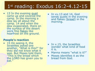 11stst
reading: Exodus 16:2-4.12-15reading: Exodus 16:2-4.12-15
• 13 In the evening quail
came up and covered the
camp. In the morning a
dew lay all about the
camp. 14 and when the
dew evaporated, there on
the surface of the desert
were fine flakes like
hoarfrost on the ground.
People’s reaction
• 15 On seeing it, the
Israelites asked one
another, "What is this?" for
they did not know what it
was. But Moses told them,
"This is the bread which
the LORD has given you to
eat.”
• In vv.13 and 14, God
sends quails in the evening
and flakes (bread) in the
morning.
• In v.15, the Israelites
wonder what kind of food
it is.
• Manna means “what is it?”
• Moses identifies it as the
bread from God.
 