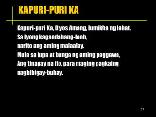 KAPURI-PURI KA Kapuri-puri Ka, D’yos Amang, lumikha ng lahat. Sa Iyong kagandahang-loob,  narito ang aming maiaalay. Mula sa lupa at bunga ng aming paggawa, Ang tinapay na ito, para maging pagkaing nagbibigay-buhay. 