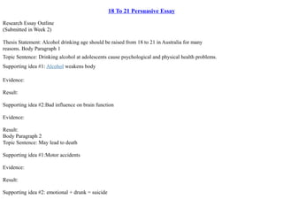 18 To 21 Persuasive Essay. >>> How to write an essay? Order on the website HelpWriting.Net <<< .
18 To 21 Persuasive Essay
Research Essay Outline
(Submitted in Week 2)
Thesis Statement: Alcohol drinking age should be raised from 18 to 21 in Australia for many
reasons. Body Paragraph 1
Topic Sentence: Drinking alcohol at adolescents cause psychological and physical health problems.
Supporting idea #1: Alcohol weakens body
Evidence:
Result:
Supporting idea #2:Bad influence on brain function
Evidence:
Result:
Body Paragraph 2
Topic Sentence: May lead to death
Supporting idea #1:Motor accidents
Evidence:
Result:
Supporting idea #2: emotional + drunk = suicide
 