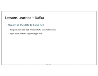 Asurion_Public
Lessons Learned – Kafka
• Stream all the data to Kafka first
• Bring data from SNS, SQS, Kinesis to Kafka using Kafka Connect
• Spark reader for Kafka supports Trigger once
 