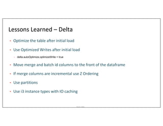 Asurion_Public
Lessons Learned – Delta
• Optimize the table after initial load
• Use Optimized Writes after initial load
• delta.autoOptimize.optimizeWrite = true
• Move merge and batch id columns to the front of the dataframe
• If merge columns are incremental use Z Ordering
• Use partitions
• Use i3 instance types with IO caching
 