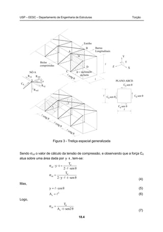 USP – EESC – Departamento de Engenharia de Estruturas Torção
18.4
θ = inclinação
da bielal cotg θ
Bielas
comprimidas
Estribo
Barras
Longitudinais
θ
A
B
C
D
l cotg θ
l
l
l cotg θ
l cotg θ
y
y
Y
XZ
T
PLANO ABCD
Rld
Rwd
dCA
C sen θd
C sen θd
C sen θd
C sen θd
NÓ A
l
l
dC
wdR
ldR
Figura 3 - Treliça espacial generalizada
Sendo σcd o valor de cálculo da tensão de compressão, e observando que a força Cd
atua sobre uma área dada por ty ⋅ , tem-se:
θsen2
T
ty d
cd
⋅⋅
=⋅⋅σ
l
θsenty2
Td
cd
⋅⋅⋅⋅
=σ
l (4)
Mas,
θcosy ⋅= l (5)
2
eA l= (6)
Logo,
θsen2tA
T
e
d
cd
⋅⋅
=σ
(7)
 