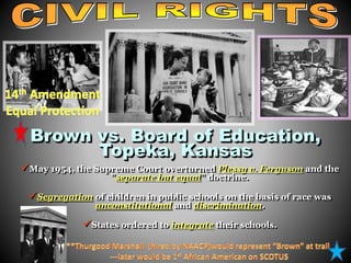 Brown vs. Board of Education, 
Topeka, Kansas 
May 1954, the Supreme Court overturned Plessy v. Ferguson and the 
"separate but equal" doctrine. 
Segregation of children in public schools on the basis of race was 
unconstitutional and discrimination. 
States ordered to integrate their schools. 
Brown vs. board 
 