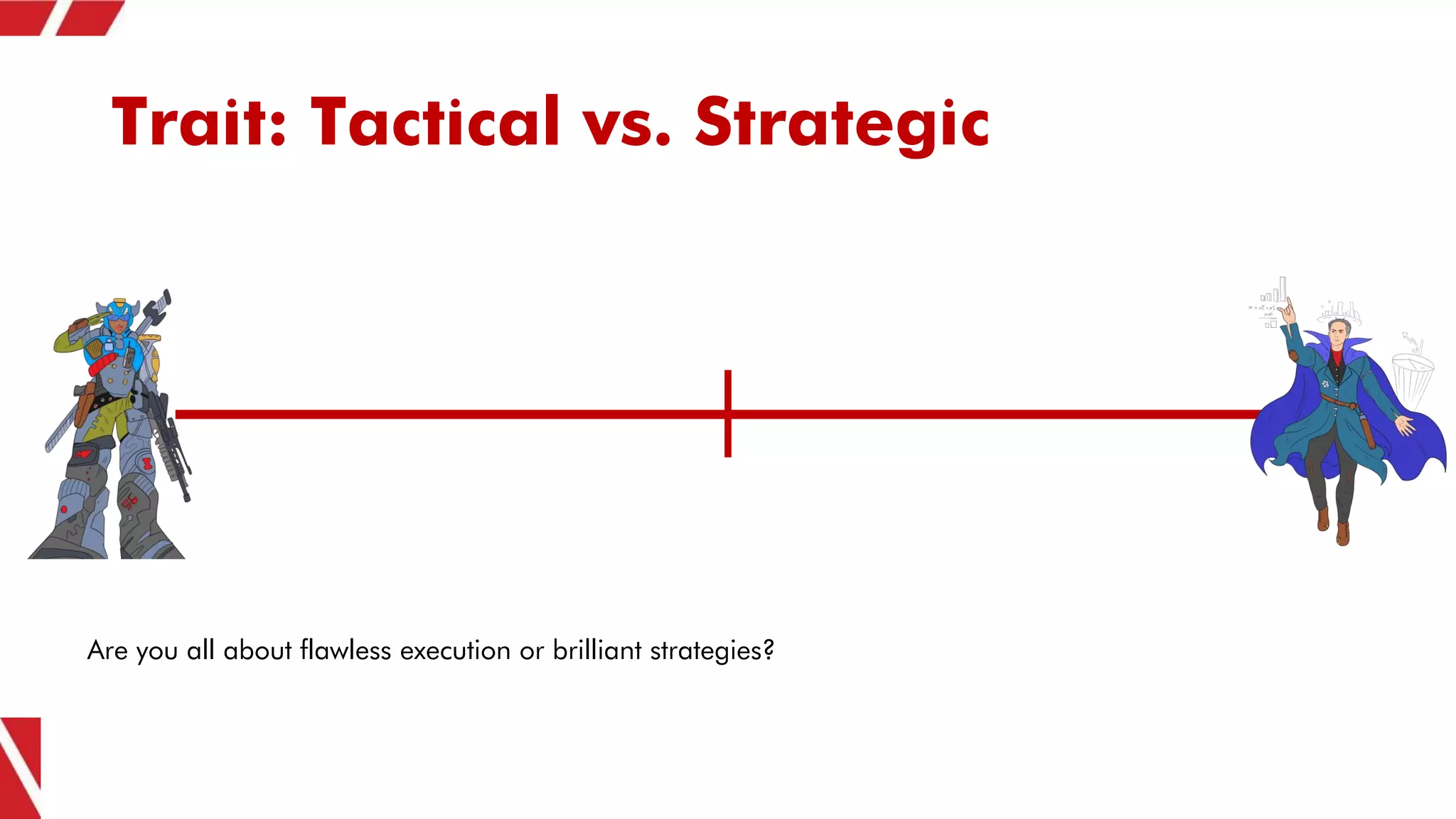 Trait: Tactical vs. Strategic
Are you all about flawless execution or brilliant strategies?
 