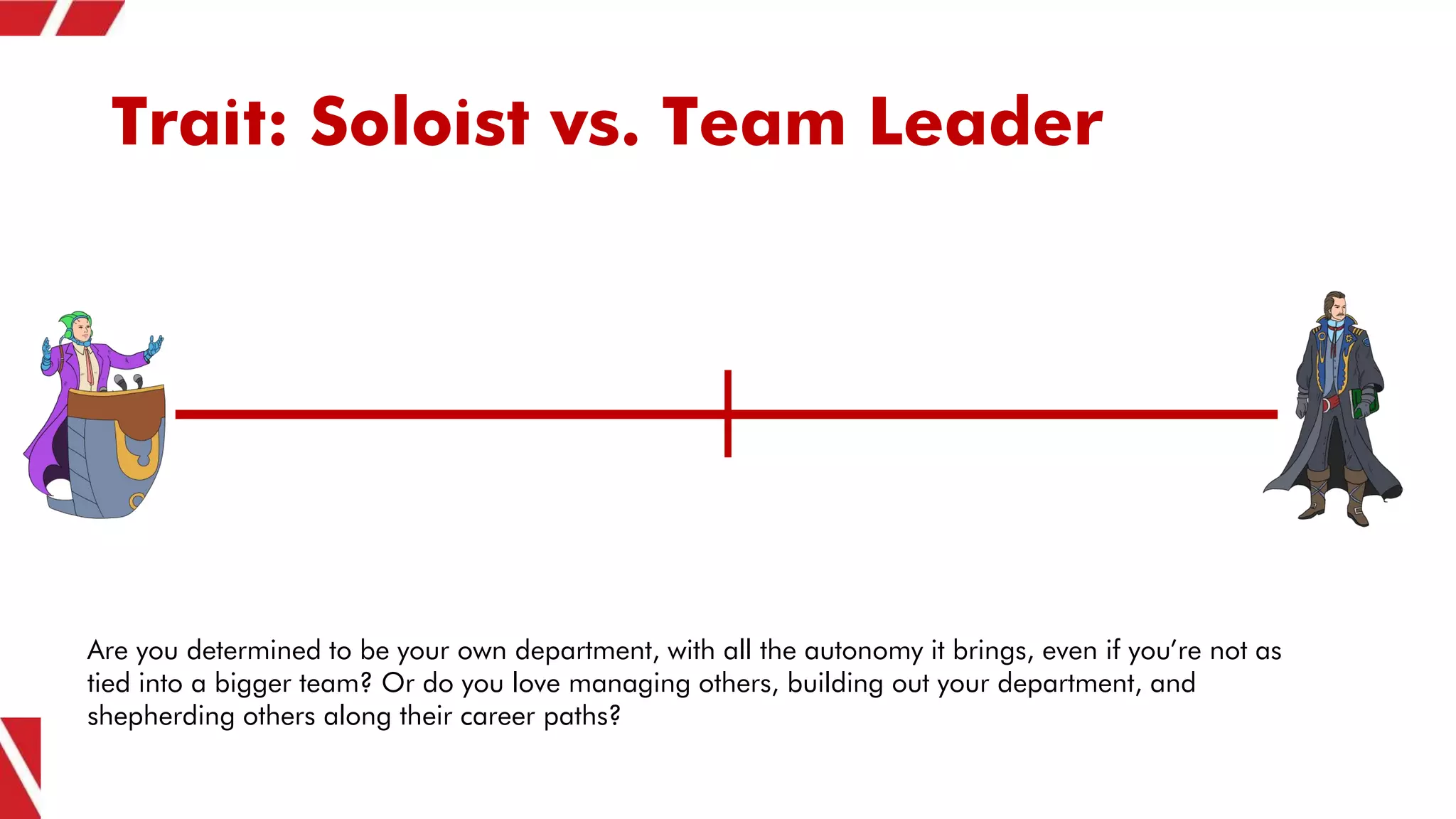 Trait: Soloist vs. Team Leader
Are you determined to be your own department, with all the autonomy it brings, even if you’re not as
tied into a bigger team? Or do you love managing others, building out your department, and
shepherding others along their career paths?
 