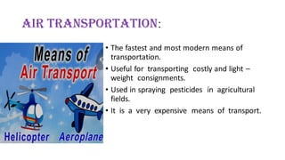 Air Transportation:
• The fastest and most modern means of
transportation.
• Useful for transporting costly and light –
weight consignments.
• Used in spraying pesticides in agricultural
fields.
• It is a very expensive means of transport.
 