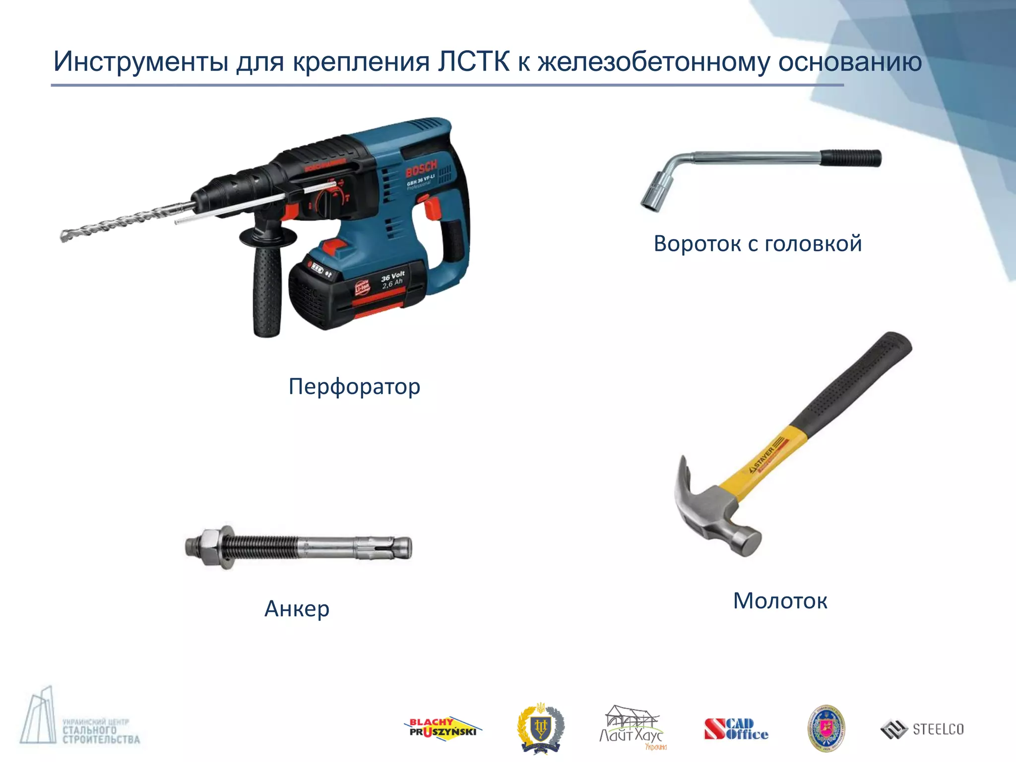 Инструменты для крепления ЛСТК к железобетонному основанию
Перфоратор
Вороток с головкой
МолотокАнкер
 