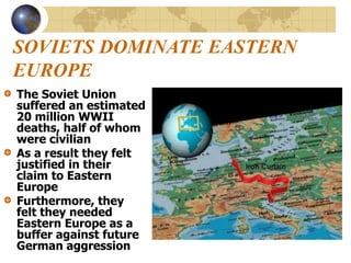 SOVIETS DOMINATE EASTERN
EUROPE
The Soviet Union
suffered an estimated
20 million WWII
deaths, half of whom
were civilian
As a result they felt
justified in their
claim to Eastern
Europe
Furthermore, they
felt they needed
Eastern Europe as a
buffer against future
German aggression
 