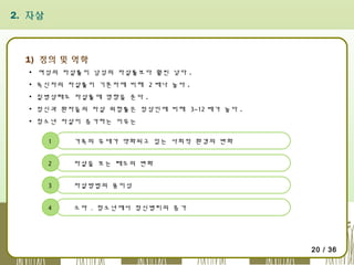 2. 자살

1) 정의 및 역학
▪ 여성의 자살률이 남성의 자살률보다 훨씬 낮다 .
▪ 독신자의 자살률이 기혼자에 비해 2 배나 높다 .
▪ 질병상태도 자살률에 영향을 준다 .
▪ 정신과 환자들의 자살 위험률은 정상인에 비해 3~12 배가 높다 .
▪ 청소년 자살이 증가하는 이유는
1

가족의 유대가 약화되고 있는 사회적 환경의 변화

2

자살을 보는 태도의 변화

3

자살방법의 용이성

4

소아 ․ 청소년에서 정신병리의 증가

20 / 36

 