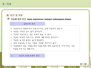 2. 자살

2) 원인 및 역동
자살에 대한 편견 амиа хорлолтын талаарх туйлширсан бодол
1

일반인의 편견

▪ 자살한다고 위협하거나 자살기도자는 실제 자살하지 않는다 .
▪ 자살은 아무런 경고 없이 일어난다 .
▪ 자살과 자살미수는 같은 부류로 묶을 수 있다 .
▪ 자살은 특정한 사회 또는 경제적 계층에서만 일어난다 .
▪ 자살의 동기와 원인은 쉽게 형성된다 .
▪ 심한 우울증을 보이는 사람은 자살할 에너지가 없다 .
▪ 자살위험이 있는 사람들에게 자살문제에 대해 직접적으로 이야기하는 것은
자살을 부추기는 행동이다 .

2

정신보건전문요원의 편견

23 / 36

 