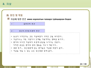 2. 자살

2) 원인 및 역동
자살에 대한 편견 амиа хорлолтын талаарх туйлширсан бодол
1

일반인의 편견

2

정신보건전문요원의 편견

▪ 증상이 나아진다는 것은 자살위험이 사라진 것을 의미한다 .
▪ 자살미수는 다른 사람이나 단체를 이용하려는 행위일 뿐이다 .
▪ 환자의 모호한 자살의지 표명에 관심을 두어서는 안된다 .
이러한 관심은 환자의 병적 행동을 키우기 때문이다 .
▪ 병원 특히 , 정신병원에 있는 환자들은 자살할 위험이 없다 .
▪ 자살을 막을 수 있는 곳은 정신병원 밖에 없다 .

24 / 36

 