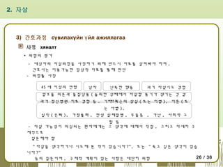 2. 자살

3) 간호과정 сувилахуйн ү йл ажиллагаа
사정 хяналт
▪ 위험의 평가
- 대상자의 자살위험을 사정하기 위해 반드시 자료를 살펴봐야 하며 ,
간호사는 이용가능한 임상적 자료를 통해 판단
- 위험률 사정
45 세 이상의 연령

남자

난폭한 행동

과거 자살시도 경험

알코올 의존과 물질남용 ( 술취한 상태에서 자살할 용기가 생기는 것 같
다)
과거 정신병원 치료 경험 등 . 기타 최근의 상실 ( 또는 이별 ), 이혼 ( 또
는 사별 ),
실직 ( 은퇴 ), 가정불화 , 만성 실체질병 , 우울증 , 가난 , 사회적 고
립 등
- 자살 가능성이 의심되는 환자에게는 그 생각에 대해서 직접 , 그리고 자세히 구
체적으로
질문해야 함
" 자살을 생각하거나 시도해 본 적이 있습니까 ?", 또는 " 죽고 싶은 생각이 있습
니까 ?"
26 / 36
등의 질문이며 , 구체적 계획이 있는 사람은 대단히 위험

 