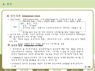 1. 위기

2) 위기 이론 хямралын онол
▪ 상실 (loss), 전환 (transition), 도전 (challenge) 의 기간에 위기가 올 수 있음
- 배우자의 죽음 , 이혼 , 직업의 상실 , 전환은 이사 , 졸업 , 입학 ,
결혼 , 출산 , 도전 ,
승진 , 자기발전
상실
- 한가지의 상실 , 전환이나 도전에 효과적으로 대처하는 사람들도 있
고,
위기를 몰고 오는 한 가지 사건으로 스트레스를 받는 사람도 있음
▪ 동시에 여러 스트레스 사건이 일어나면 각각의 스트레스 사건이 효과적으로 대처되었다
해도 불균형단계가 되어 위기를 가져옴
예 ) 이혼의 상실은 독신으로의 전환 , 편부모로의 도전 , 경제적 독립 등이 해결되
어야 하며
각각은 상황적 정서 긴장을 일으키고 스트레스를 경험

위기의 발달 хямралын хө гжил

▪ 역사적으로 볼 때 위기이론은 정신과학자들이 정신장애 예방 이론 개발을 위해 정
신분석학적으로 사용되는 개념에서부터 시작 , 스트레스가 있을 때 건강한 방법으로
문제가 해결되도록 간단한 관리중재의 가능성을 제시한 것이 위기중재 이론의 핵심
▪ Lindemann 은 공중보건모형이 기초가 된 예방적 접근은 유해한 환경에서 위기를 극
복하게 하여 정신병 발생률을 감소시킬 수 있다고 봄
▪ Erikson 은 중요한 정신발달 과업이 8 단계의 정신사회적 성장발달 중에 일어난다
고 봄

4 / 36

 