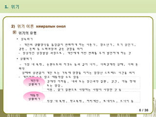 1. 위기

2) 위기 이론 хямралын онол
위기의 유형
▪ 성숙위기
- 개인의 생활양식을 끊임없이 변화하게 하는 사춘기 , 청소년기 , 초기 성인기 ,
결혼 , 은퇴 등 노화과정과 같은 경험을 의미
- 정상적인 성장발달 과정으로 , 개인에게 어떤 변화를 주어 발전하게 하는 것
▪ 상황위기
- 가정 내 폭력 , 순환도로의 저격수 등과 같이 나이 , 사회경제적 상태 , 사회 문
화적
상태와 상관없이 개인 또는 가족에 영향을 미치는 엄청난 스트레스 사건을 의미
- 개인적일 수도 있고 대중적일 수도 있음
개인적
경제적 어려움 , 내과 또는 정신과적 질환 , 강간 , 아동 학대
상황위기
또는 방임 ,
이혼 , 말기 질환으로 사랑하는 사람이 사망한 것 등
대중적
상황위기

직장 내 폭력 , 학교폭력 , 허리케인 , 토네이도 , 쓰나미 등
6 / 36

 